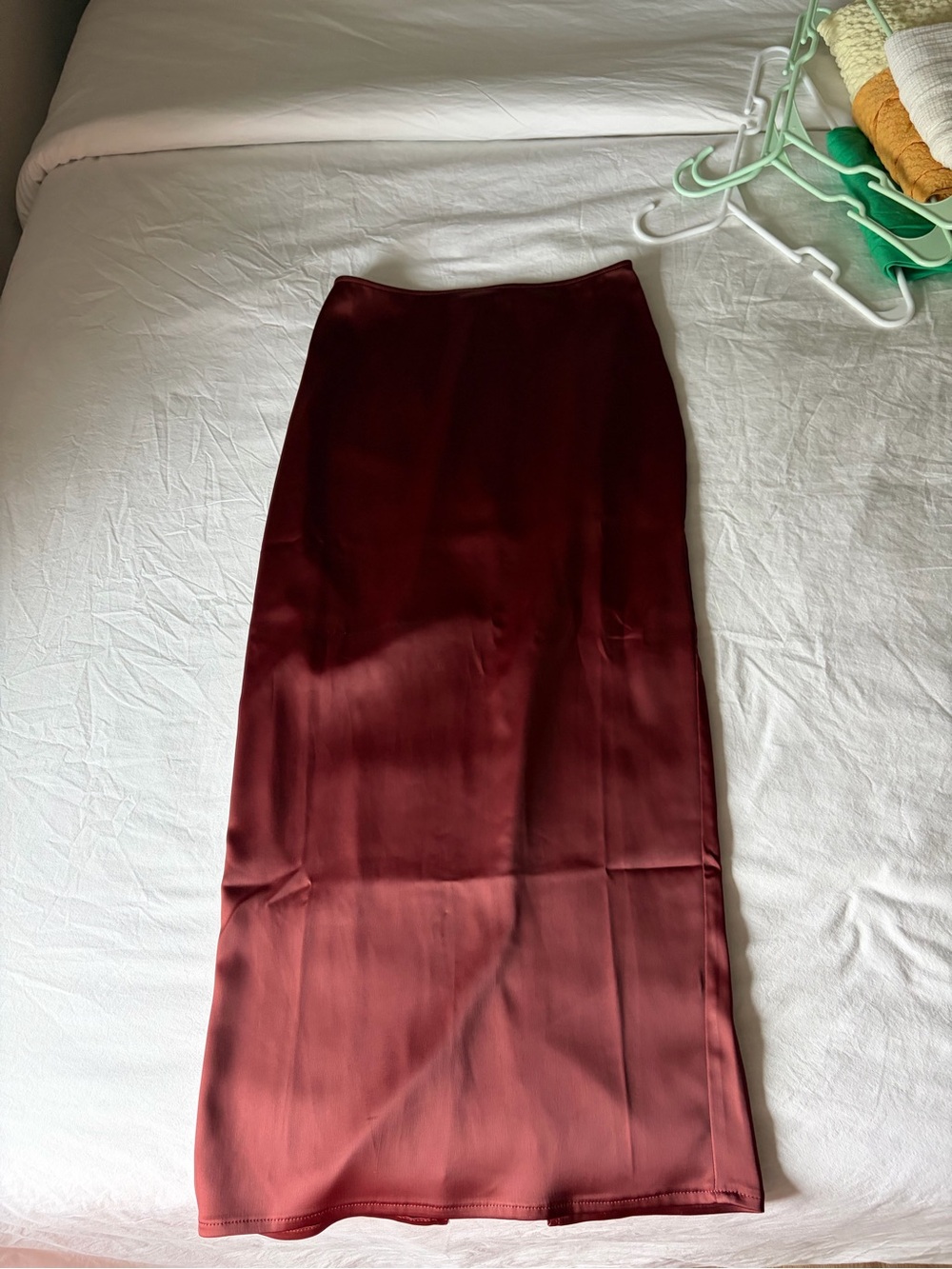 Meshki Deep Wine Satin Midi Skirt